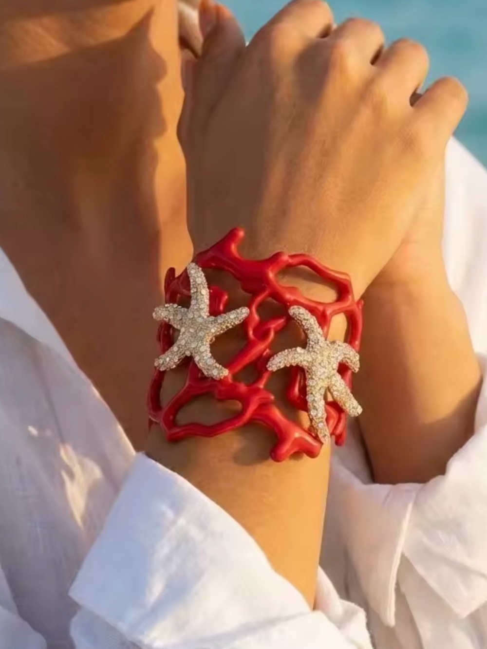 Red Coral Starfish Cuff Bracelet | Coastal Luxury Statement Jewelry